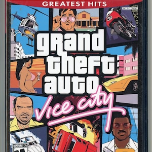 Puede incluir: Caja del juego Grand Theft Auto: Vice City para PlayStation 2. La portada presenta un collage de ilustraciones que incluyen un helicóptero, una motocicleta y un coche amarillo. El título del juego está en letras grandes y estilizadas.