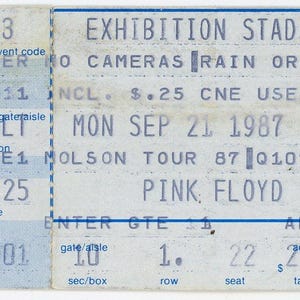 Pink Floyd Vintage Konzertkarte Stub Ausstellung Stadion (Toronto, 1987)