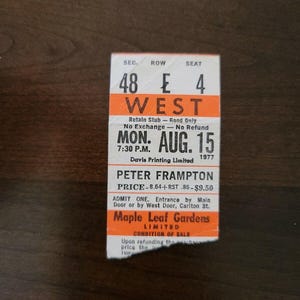 Peter Frampton 1977, Toronto Maple Leaf Gardens Original Konzertkarte Stummel
