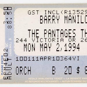 Barry Manilow Vintage Konzertkarte The Pantages Theater (Toronto, 1994)