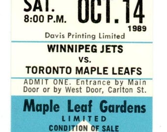 Winnipeg Jets vs. Toronto Maple Leafs Unused Full Ticket Maple Leaf Gardens (Toronto, October 1989)