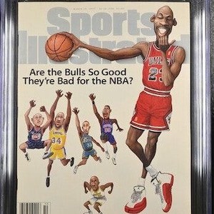May include: A CGC graded 5.5 Sports Illustrated magazine from March 10, 1997, featuring a caricature of Michael Jordan in a red Bulls uniform holding a basketball, with smaller caricatures of other NBA players and the text Are the Bulls So Good They're Bad for the NBA?