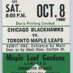 Chicago Blackhawks vs. Toronto Maple Leafs Ticket-Stub Maple Leaf Gardens 1988