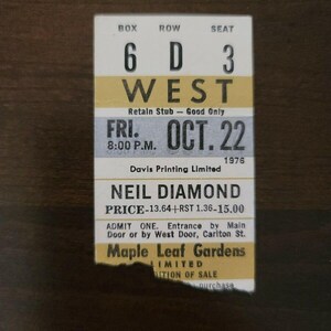 Neil Diamond 1976, Toronto Maple Leaf Gardens Original Konzertkarte Stummel