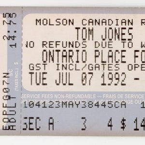 Tom Jones Vintage Konzertkarte Stub Ontario Place (Toronto, 1992)