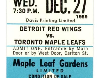 Detroit Red Wings vs. Toronto Maple Leafs Unused Full Ticket Maple Leaf Gardens (Toronto, December 1989)