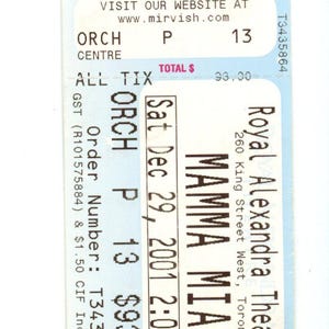 MAMA Mia Vintage Konzertkarte Stub Royal Alexandra Theater (Toronto, 2001)