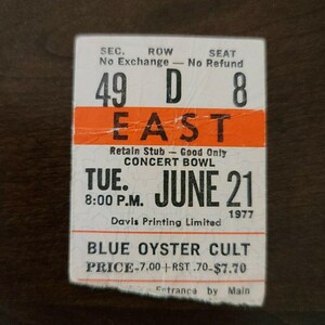 Blue Oyster Cult 1977, Toronto Maple Leaf Gardens Original Konzertkarte Stummel