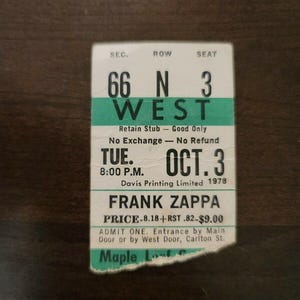 Frank Zappa 1978, Toronto Maple Leaf Gardens Original Konzertkarte Stummel