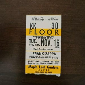 Frank Zappa 1976, Toronto Maple Leaf Gardens Original Konzertkarte Stummel