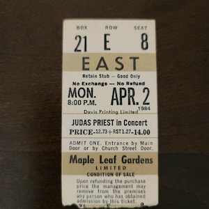 1984, Toronto Maple Leaf Gardens Original Konzertkarte Stub
