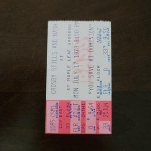 Crosby Stills Nash 1978, Toronto Maple Leaf Gardens Original Konzertkarte Stummel