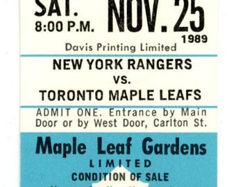 New York Rangers vs. Toronto Maple Leafs Unused Vintage Full Ticket Maple Leaf Gardens (Toronto, November 1989)