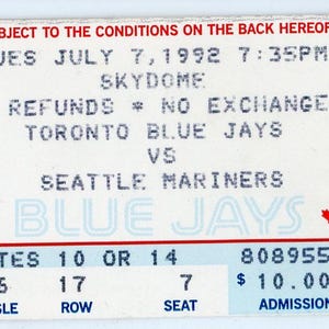 Toronto Blue Jays vs. Seattle Mariners Vintage Ticket Skydome 1992 Griffey Jr