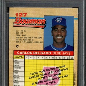 1992 Bowman Carlos Delgado Graded Rookie Karte #127 PSA 9 Bild 2