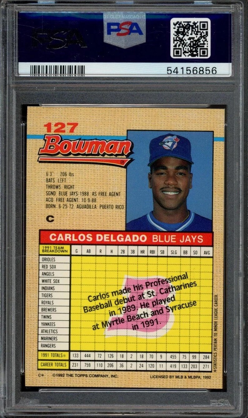 1992 Bowman Carlos Delgado Graded Rookie Karte #127 PSA 9 Bild 2