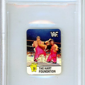 1988 Hostess WWF Wrestlemania IV Stickers The Hart Foundation #30 Graded Wrestling Card BGS 9