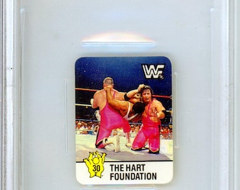 1988 Hostess WWF Wrestlemania IV-klistermärken The Hart Foundation #30 Graderat brottningskort BGS 9