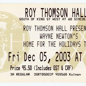 Wayne Newton Vintage Konzertkarte Stub Roy Thomson Hall (Toronto, 2003)