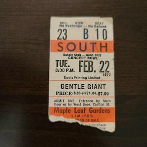 Gentle Giant 1977 Toronto Maple Leaf Gardens Original Konzertkarte Stummel