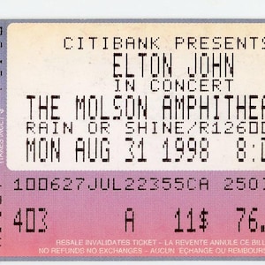 Elton John Vintage Konzertkarte The Molson Amphitheater (Toronto, 1998)
