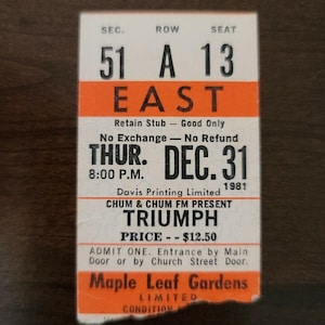 Triumph 1981, Toronto Maple Leaf Gardens Original Konzertkarte Stummel