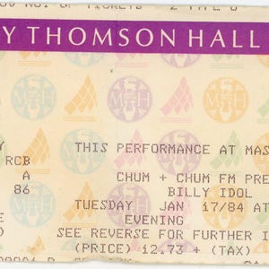 Billy Idol Vintage Konzertkarte Roy Thomson Hall (Toronto, 1984) Rebel Yell Tour