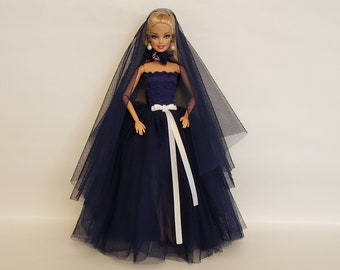 Doll ball gown with head band and veil,blue