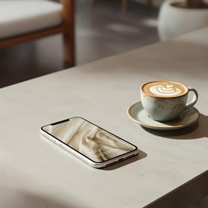 Peut inclure: Un smartphone blanc avec un fond en tissu sur l'écran est posé sur une table gris clair à côté d'une tasse de café avec un art latte. Le texte "MOCKUP DESIGN" est visible sur l'écran.