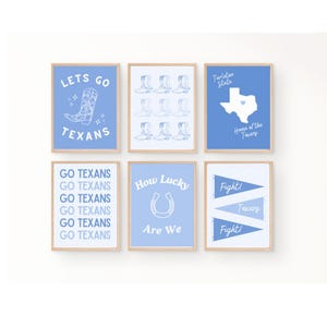 May include: Six framed prints with a light blue background and white graphics. The prints feature text and images related to the Texas Texans, including cowboy boots, a horseshoe, and the state of Texas.
