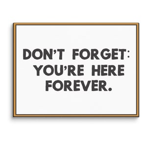 May include: A rectangular canvas art print with a white background and a brown frame. The black text reads: "DON'T FORGET: YOU'RE HERE FOREVER."