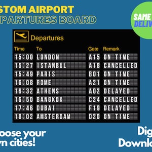 Digital Custom Airport Flight Board Sign Poster Wall Art - Choose your own cities - Arrivals Departures