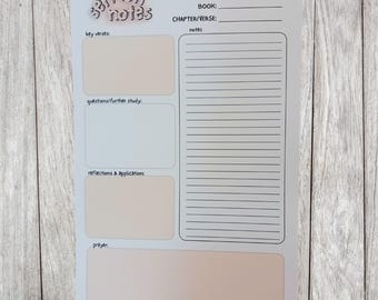 May include: A light blue sermon notes sheet with a light peach-colored section for key verses, questions, reflections, and prayer. The sheet also includes space for the date, book, chapter/verse, and notes. The words "sermon notes" are in a cursive font.
