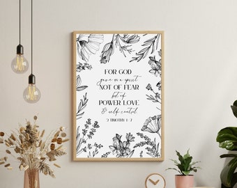 2 Timoteo 1:7 Versetto della Bibbia stampabile Scritture Wall Art Testo nero su sfondo bianco, Versetto della Bibbia Word Art, Versetto della Bibbia stampabile, Floreale