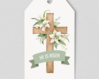He Is Risen Gift Tags Printable, Easter Gift Tags, Easter Favor Tags with Cross, Religious Gift Tag Instant Download, Ready to Print