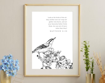 Matthew 6:26 ESV Christian Wall Art afdrukbare, bijbelvers schrift, Birds of the Air, kijk naar de vogels