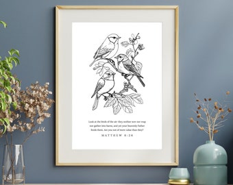 Matthew 6:26 ESV Christian Wall Art afdrukbare, bijbelvers schrift, Birds of the Air, kijk naar de vogels