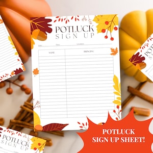 Printable Fall Potluck Sign Up Sheet, Autumn Potluck Sign Up Sheet, Thanksgiving Potluck Sign Up, Printable Potluck Sign Up Digital Download