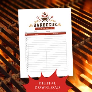 Puede incluir: Una hoja de inscripción para barbacoa blanca con un logotipo rojo y marrón en la parte superior. El logotipo incluye una parrilla, llamas y utensilios. La hoja tiene espacios para el nombre, la hora y qué traer. Una pancarta roja en la parte inferior dice "DESCARGA DIGITAL."