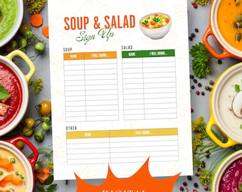 Printable Soup and Salad Potluck Sign Up Sheet, Soup Soiree Potluck Sign Up, Salad Sign Up, Office PartyPrintable Sign Up Digital Download