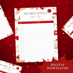 Peut inclure: Une feuille d'inscription au Secret Santa festive, avec un design rouge et blanc. La feuille présente une illustration du Père Noël, des flocons de neige et de l'espace pour les noms. Le texte "SECRET SANTA Sign Up" est bien visible. Le texte "DIGITAL DOWNLOAD!" est également visible.