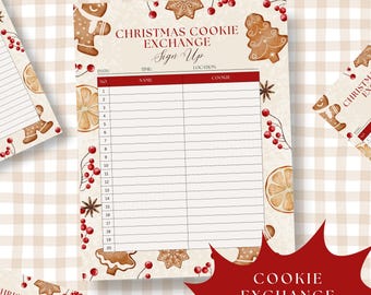 May include: A Christmas Cookie Exchange sign-up sheet with a festive design. The sheet features gingerbread cookies, berries, and orange slices. The text "Christmas Cookie Exchange Sign Up" is prominently displayed.