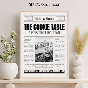 May include: A black and white newspaper style print with the headline "The Cookie Table, A Pittsburgh Tradition". The print features a photo of the Pittsburgh skyline and a description of the history of the cookie table tradition at Pittsburgh weddings.