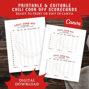 Op de afbeelding: Printbare en bewerkbare chili cook-off scorekaarten. Klaar om af te drukken of te bewerken in Canva. Het ontwerp bevat een chilipeperafbeelding en ruimtes om chili te beoordelen op smaak, geur, kruidigheid en creativiteit. Digitale download.