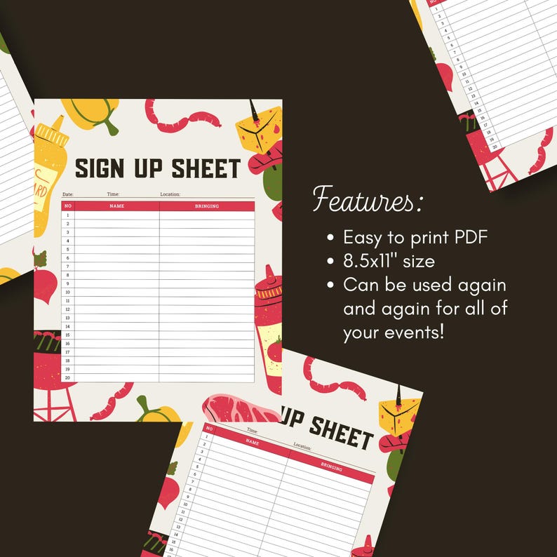 BBQ Sign Up Sheet, Barbecue Potluck Sign Up Sheet, Summer BBQ Sign Up, Picnic Sign Up Sheet, Summer Party Sign Up, Digital Download Print
