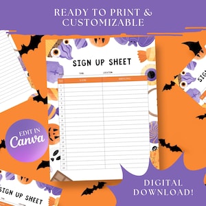 May include: A printable Halloween sign up sheet with a white background and orange border. The document features illustrations of pumpkins, bats, candy, and eyeballs. It includes columns for number, name, and bringing, with text reading SIGN UP SHEET.