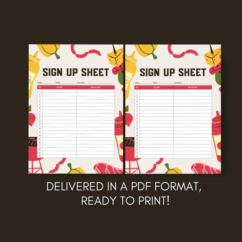 BBQ Sign Up Sheet, Barbecue Potluck Sign Up Sheet, Summer BBQ Sign Up, Picnic Sign Up Sheet, Summer Party Sign Up, Digital Download Print