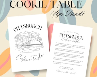 May include: Two printable signs for a Pittsburgh Cookie Table. The first sign features a black and white illustration of the Pittsburgh skyline with the text "Pittsburgh Cookie Table". The second sign features the text "The History of the Pittsburgh Cookie Table" and a description of the tradition.