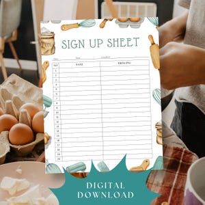 May include: A white "Sign Up Sheet" digital download with watercolor illustrations of baking tools. The sheet includes sections for date, time, location, name, and what to bring. The words "Digital Download" are at the bottom.
