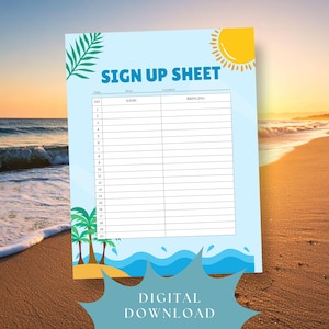 Puede incluir: Una hoja de inscripción azul claro con un tema de playa. La hoja tiene un encabezado que dice "SIGN UP SHEET" e incluye secciones para el nombre y lo que la gente trae. El diseño incluye un sol, palmeras y olas. Las palabras "DIGITAL DOWNLOAD" están en la parte inferior.